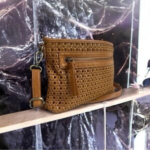 Joy Susan Brown Woven Leatherette Crossbody Bag Purse Wristlet Shoulder Bag